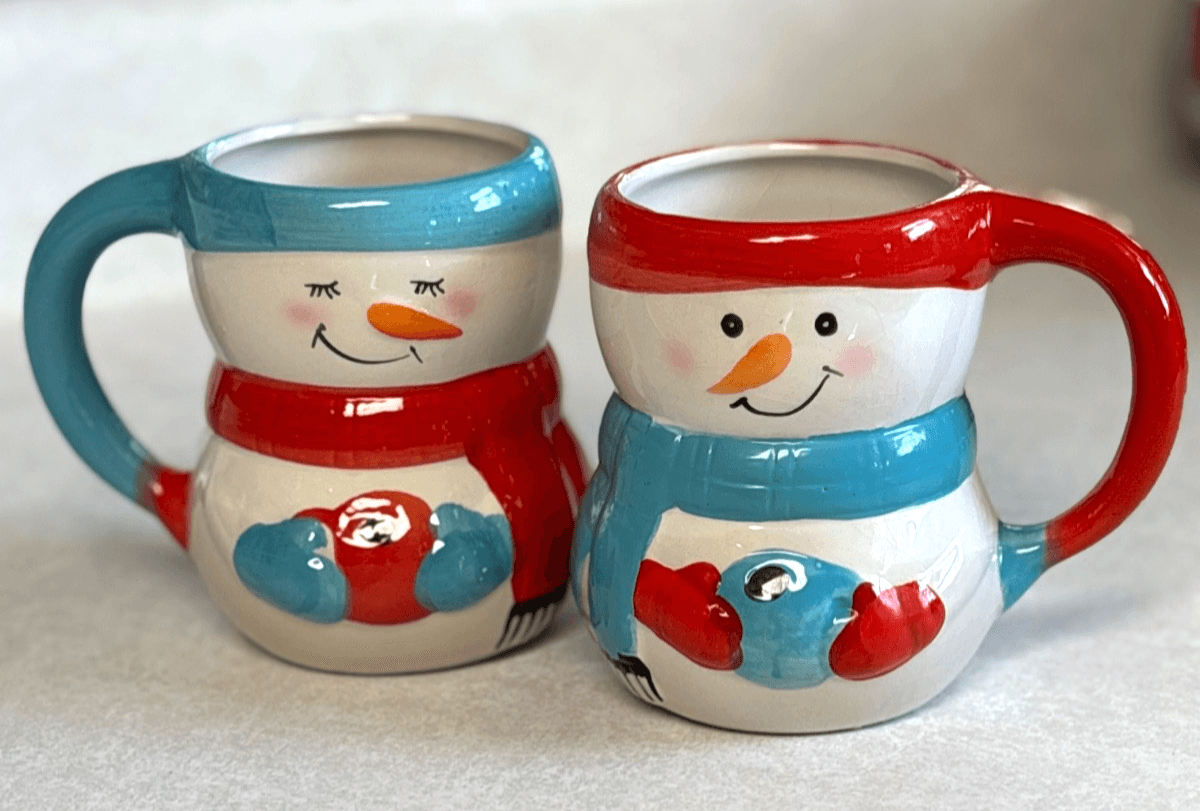 Bay Island Snowman Mugs Set 2 Christmas Holiday Ceramic 4.5" Tall Cups Gift
