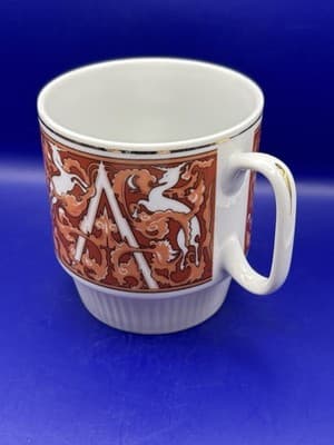 Set of 2 Unicorn Stacking Coffee Mugs, White & Orange, China Tapestry MCM Mid Ce