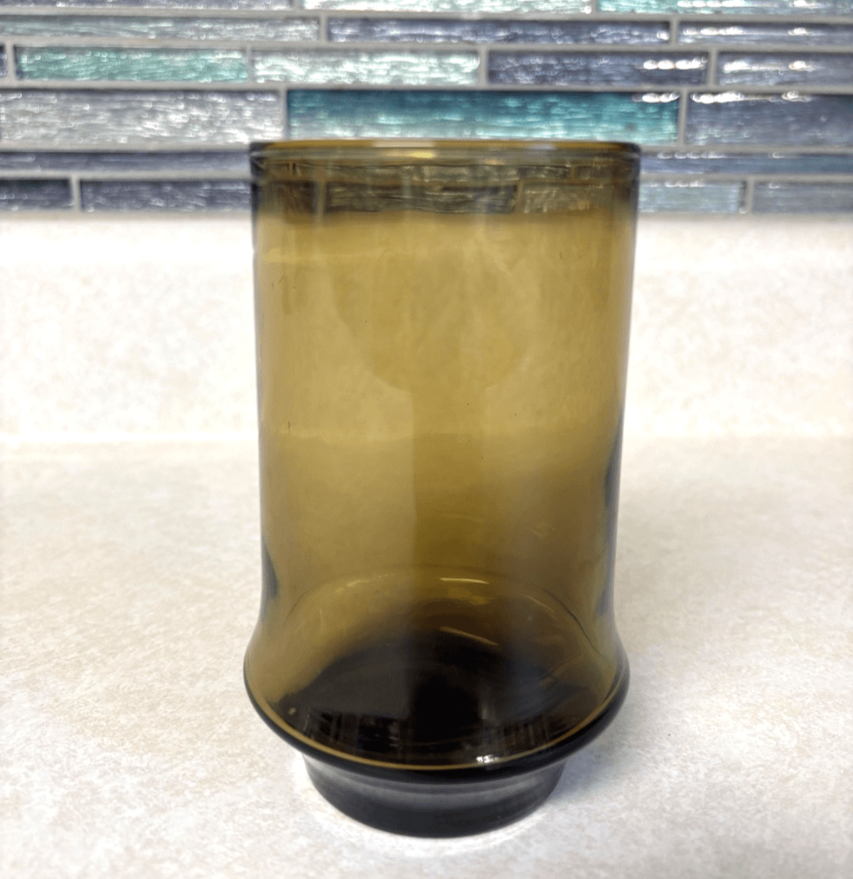 Libbey Smoky Amber Brown Waisted Tumbler Glass Wavy Rim Vintage Art Glass NM Cof