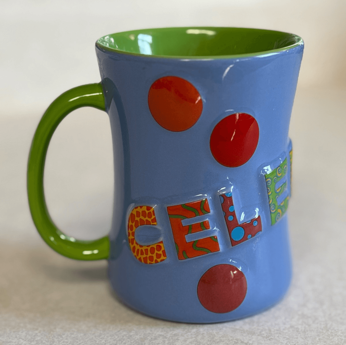 Colorful Bubble Letter Ceramic Mug Blue Green Polka Dot Coffee Cup Unbranded