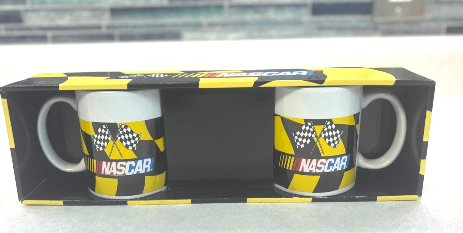NASCAR Racing Checker Flag Black Yellow 2004 Coffee Mug Collectible NM Ceramic
