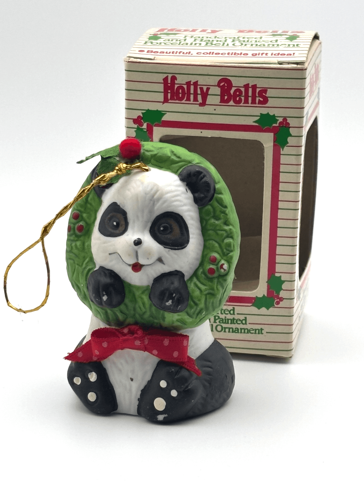 Vintage Holly Bella Giftco Inc Panda Bear Christmas Ornament Bell 1986 Taiwan