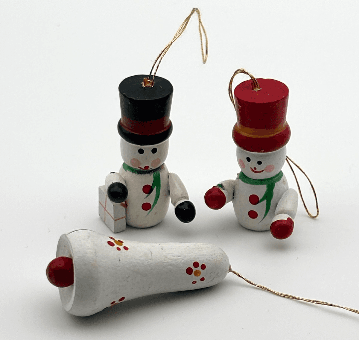 Vintage Christmas Ornament Hand Painted Wood Wooden Snowman With Bell