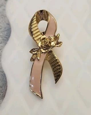 Vintage Avon Gold Tone Pink Enamel Breast Cancer Awareness Ribbon Lapel Pin Rose