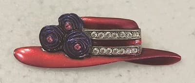 VTG JJ Jonette Jewelry Red Enamel Hat Brooch Purple Flower Rhinestone Pin Signed