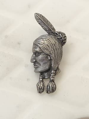 Vtg American Indian Warrior Chief Head Profile Pewter Metal Tie Tack Brooch