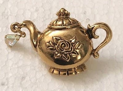 Vintage 90's Avon Gold-tone Teapot Pin "Tea Time Pin" With Dangling Rhinestone