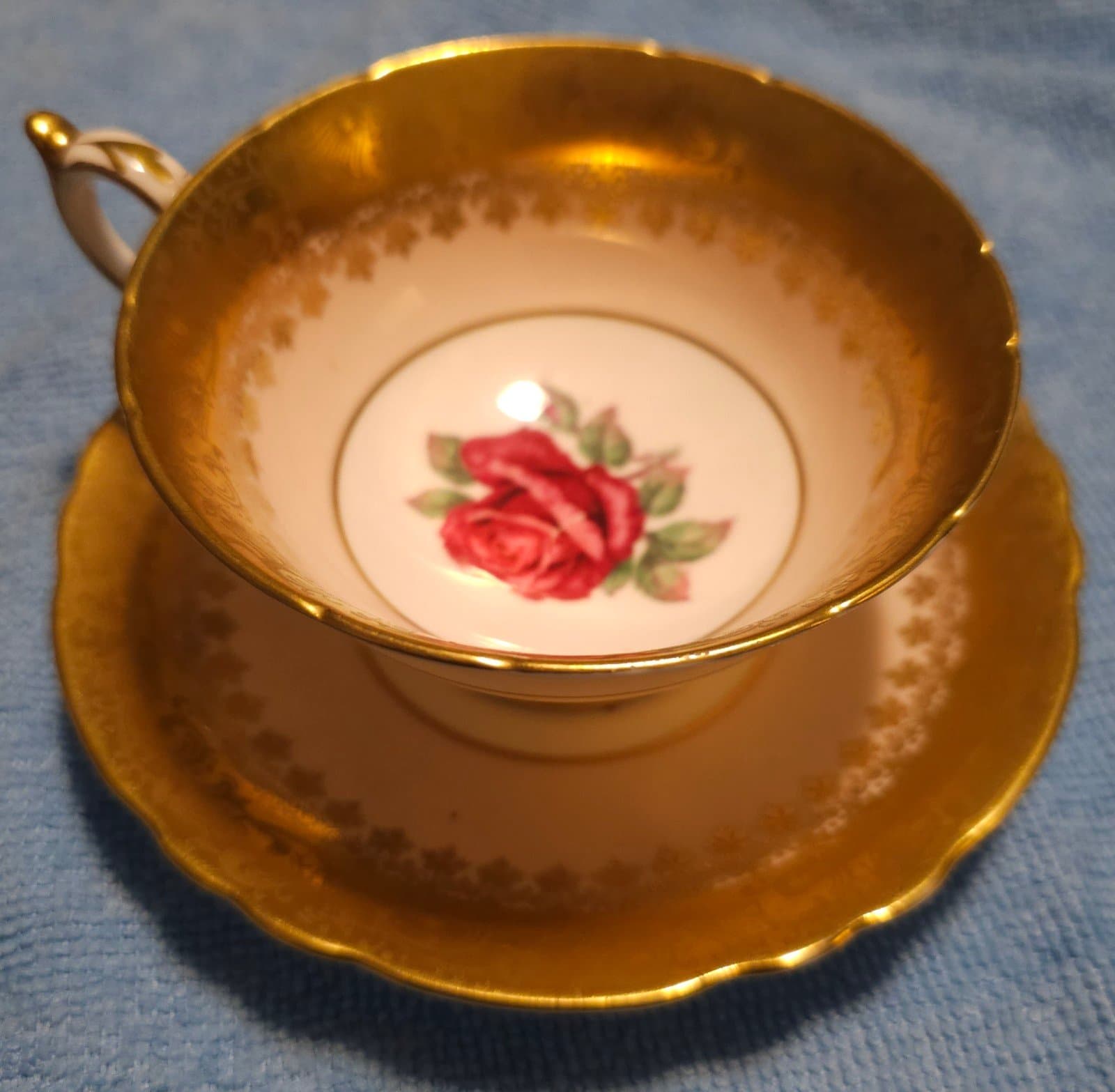 Paragon England Red Rose on Pink Background Golden Tea Cup & Saucer Set
