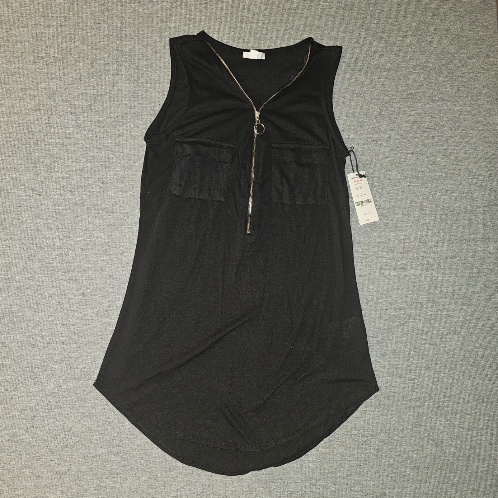 Ardene Black Accent Zip V-Neck Tank Top with zipper & 2 Pockets