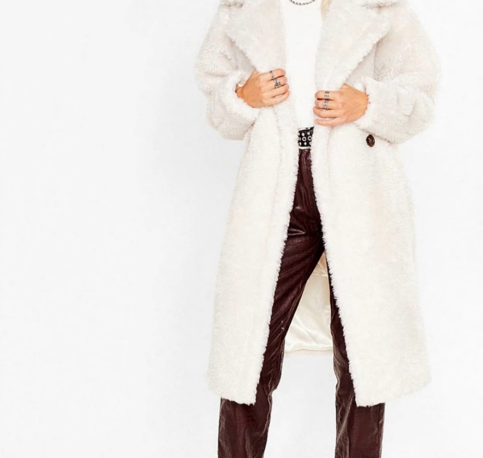 Nasty Gal Knee Length Longline Faux Fur Beige Teddy Coat