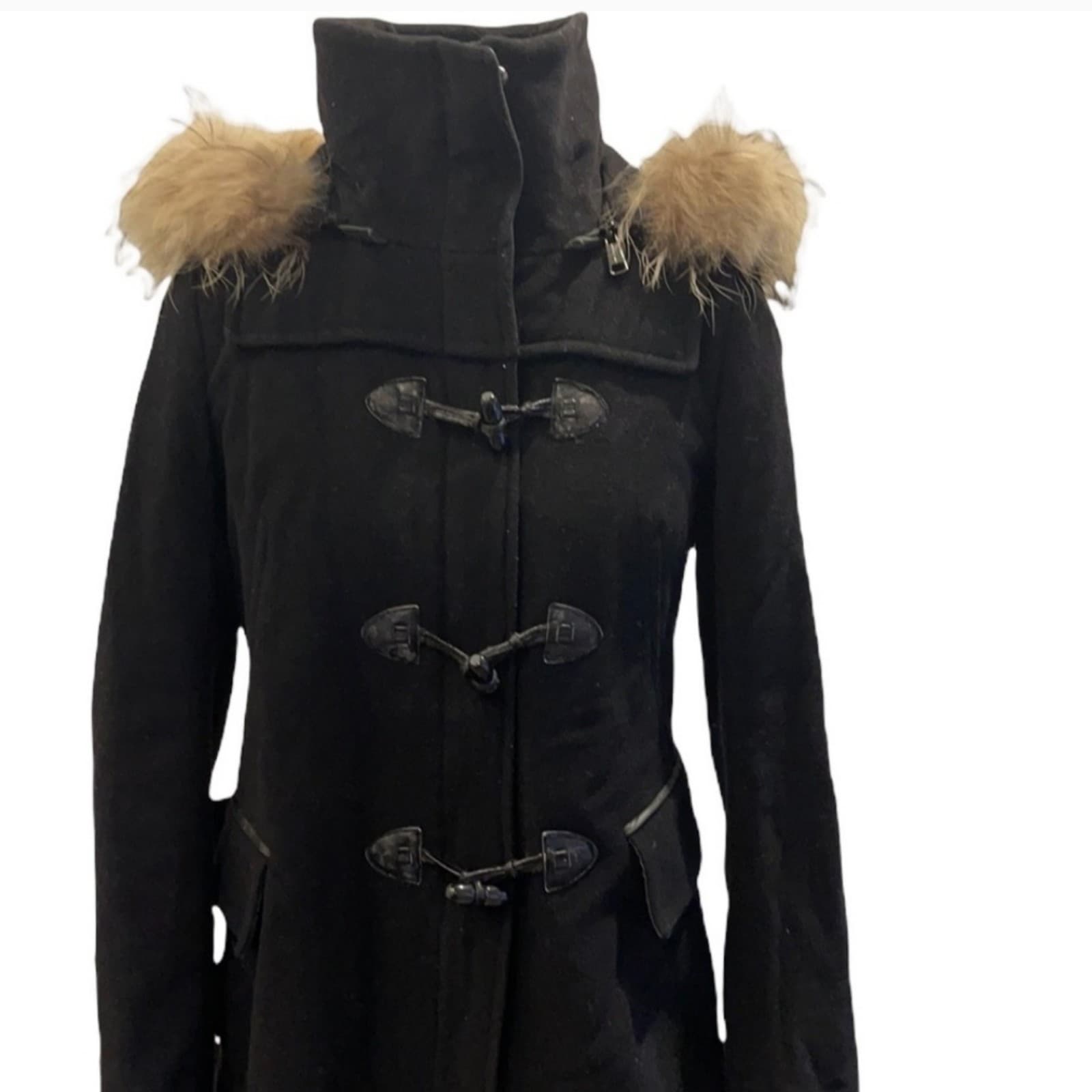 Andrew Marc Wool and Cashmere PeaCoat w Racoon Lined Hood Size 8 Womens