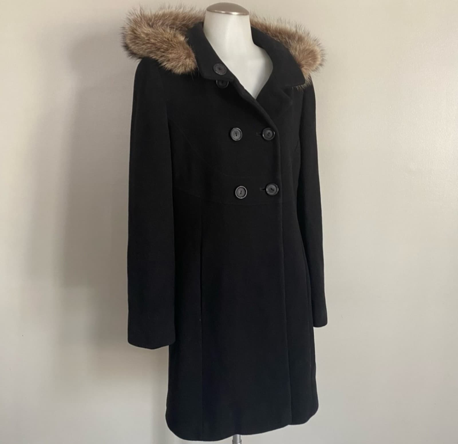 Via Spiga Double Breasted Knee Length Coat with Removable Fur Trimmed Hood Size