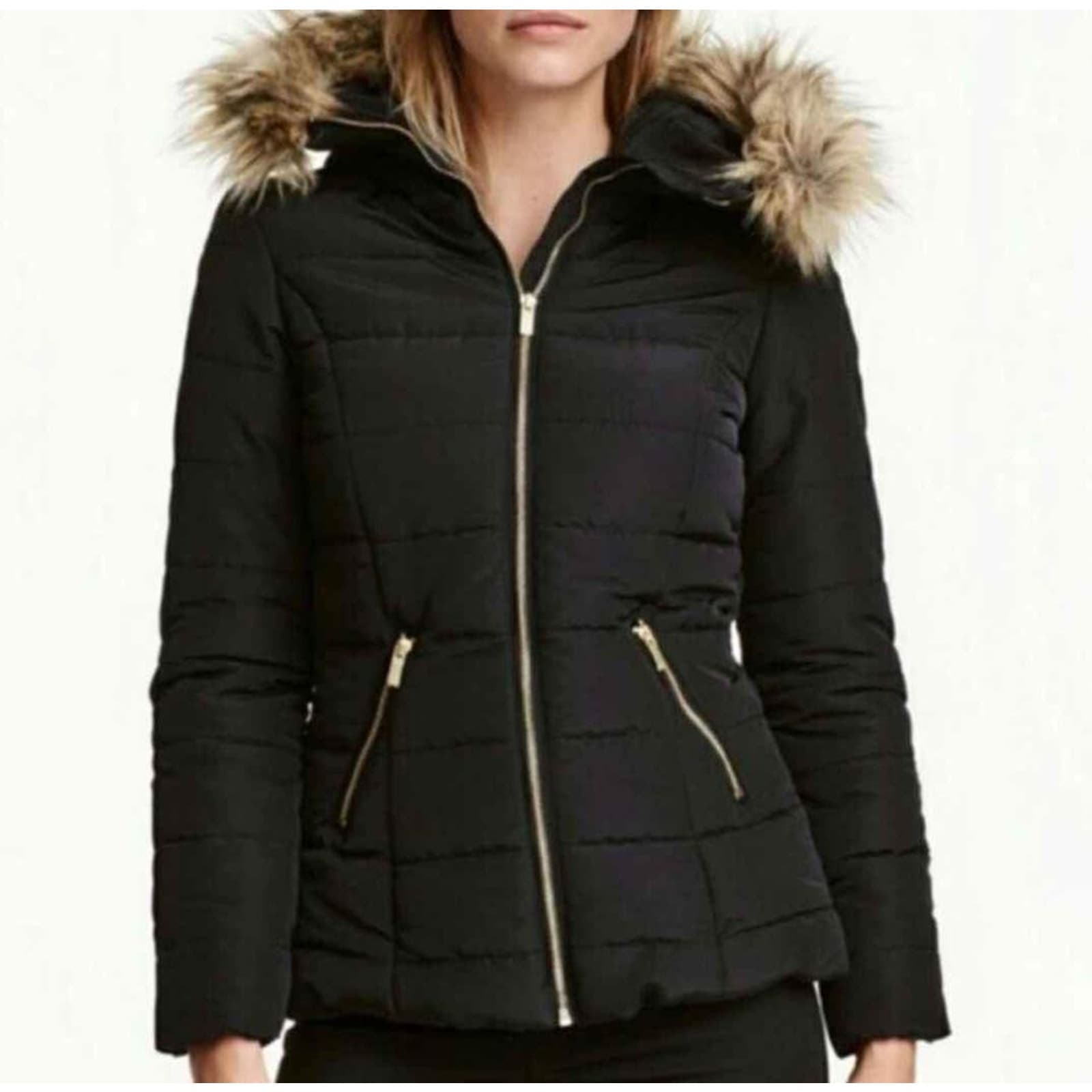 H&M Puffer Coat with Faux Fur Trim Hood in Black Size 8