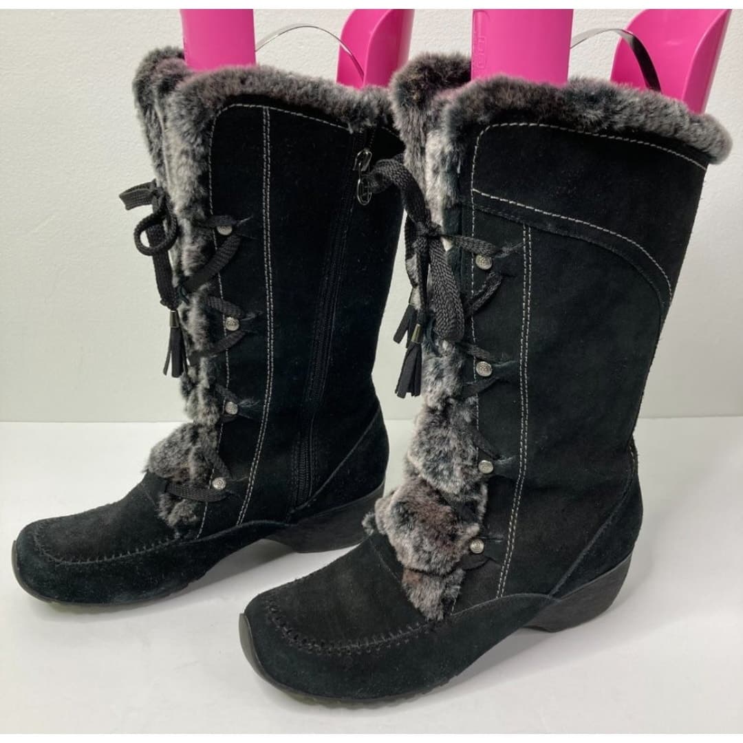 London Fog Lana Black Suede and Leather Faux Fur Winter Boots Size 9