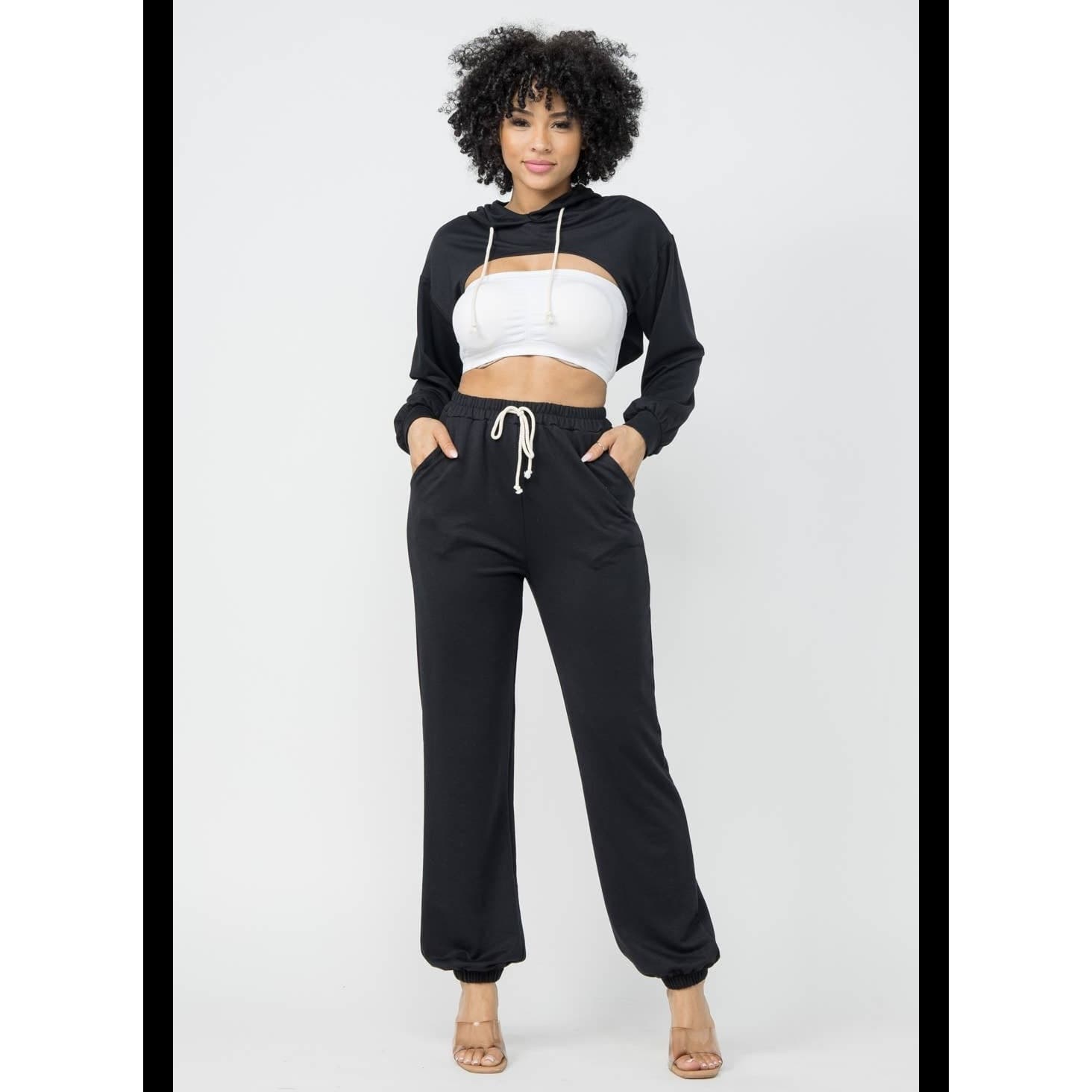 Dolls Kill Woman's Black Sweatpants with Crop Top Cut Out Hoodie - Size Medium