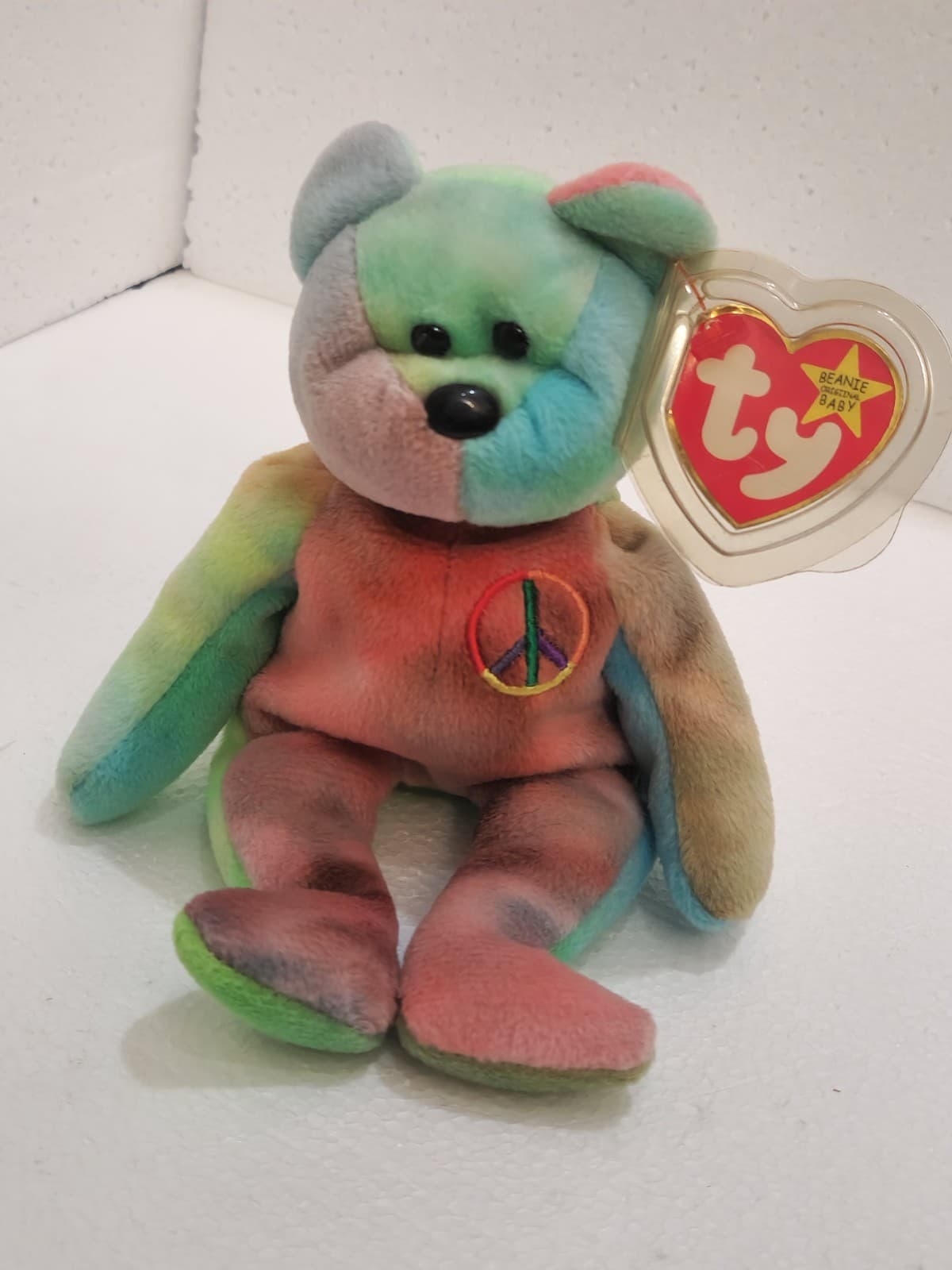 NWT Ty Beanie Babies Peace Bear Tie Dye Plush 1996 Vintage PVC Pellets w/ Tag