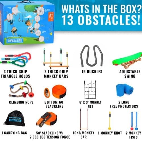 Hyponix Ninja Obstacle Course for Kids – 2 x 60 ft Slacklines with 13 Weatherproof Obstacles – Monkey Net, Ratchet-Tight Tech, Supports 880 lbs – Climbing & Swinging Backyard Fun