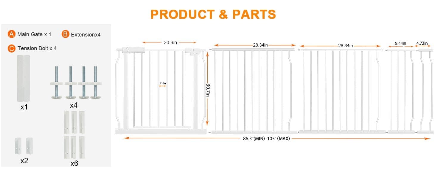 HOOEN Extra Wide Baby Gate for Doorways Stairs 86-105 Inch Wide Pressure Mounted Dog Gates for The House Walk Through Gates Indoor Safety Child Gates for Kids or Pets (86.3"-105")