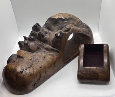 Vintage 1970s Burl Root Wood Sculpture Secret Stash Box Velvet Lined MCM Boho
