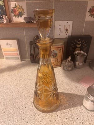 Vintage Crystal Cut Amber Decanter Made In Poland With Stopped