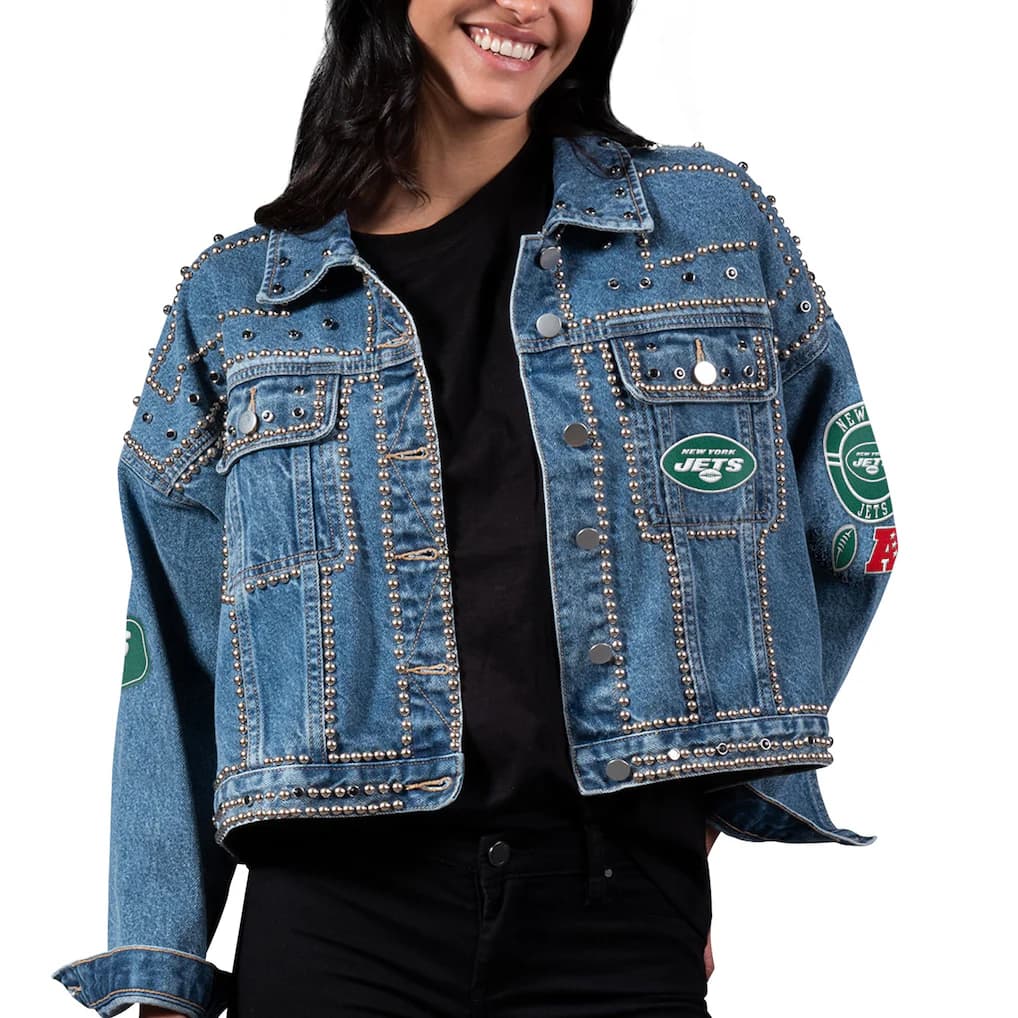 NEW New York Jets G-III 4Her by Carl Banks First Finish Studded Women's Denim Jacket | Size S