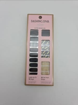 Dashing Diva Obsidian Black Gold Gloss Gel Nail Strips 32 Ct Glitter NIB NEW Box