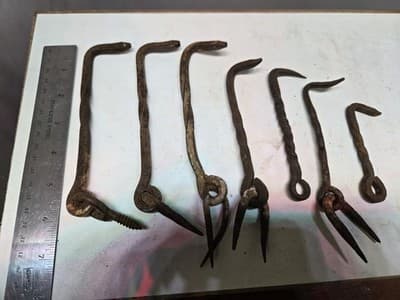 Lot Of 7 Antique Gate Hooks Iron Hand-Wrought Pre-1890 Twisted Shafts