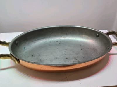 VTG Tagus Chef Copper Oval Sauté Fish Gratin Pan 10" Brass Handles Made Portugal