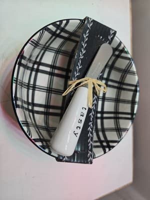 Hobby Lobby Cheese Bowl with Knife Spreader Black/White Ceramic 6”