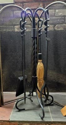 Vintage Wrought Iron Fireplace Tool Set - Twisted Rope Shepherd Hook Hearth 5-Pc