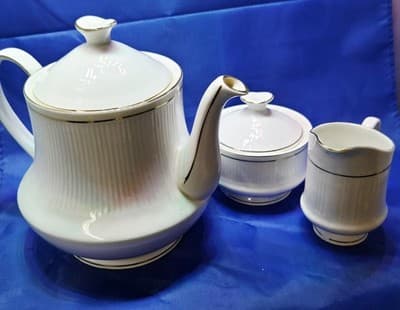 Vintage PALMS Fine Bone China Tea Coffee Set White Ribbed Gold Trim Spout Pot