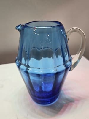 Vintage Hand Blown Cobalt Blue Glass Pitcher Creamer Rough Pontil Clear Handle