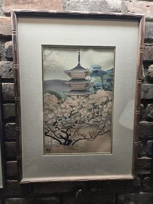 Original Benji Asada Japanese Woodblock PAGODA OF NINNAJI TEMPLE Authenticated