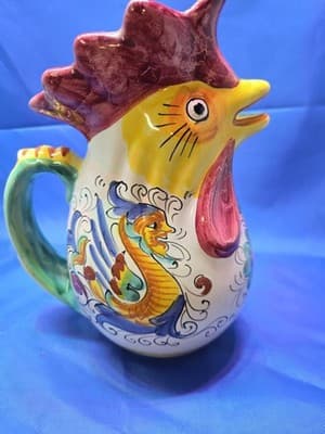 Large Italian Pottery Rooster Pitcher Sea Dragon 8 1/2"