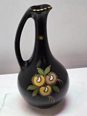 Vintage 1962 Gouda Holland Matte Black Handled Pitcher Vase – Hand-Painted &Sign