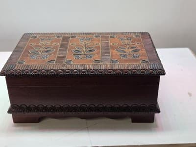 Vintage Polish Pyrography Wooden Box Hand Carved Brass Inlay Folk Art Poland