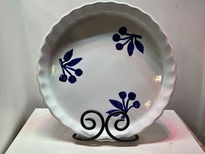 Vintage Hand Paint Ceramic Quiche Dish Tart Pan Fluted Blue Olive Pattern Italy
