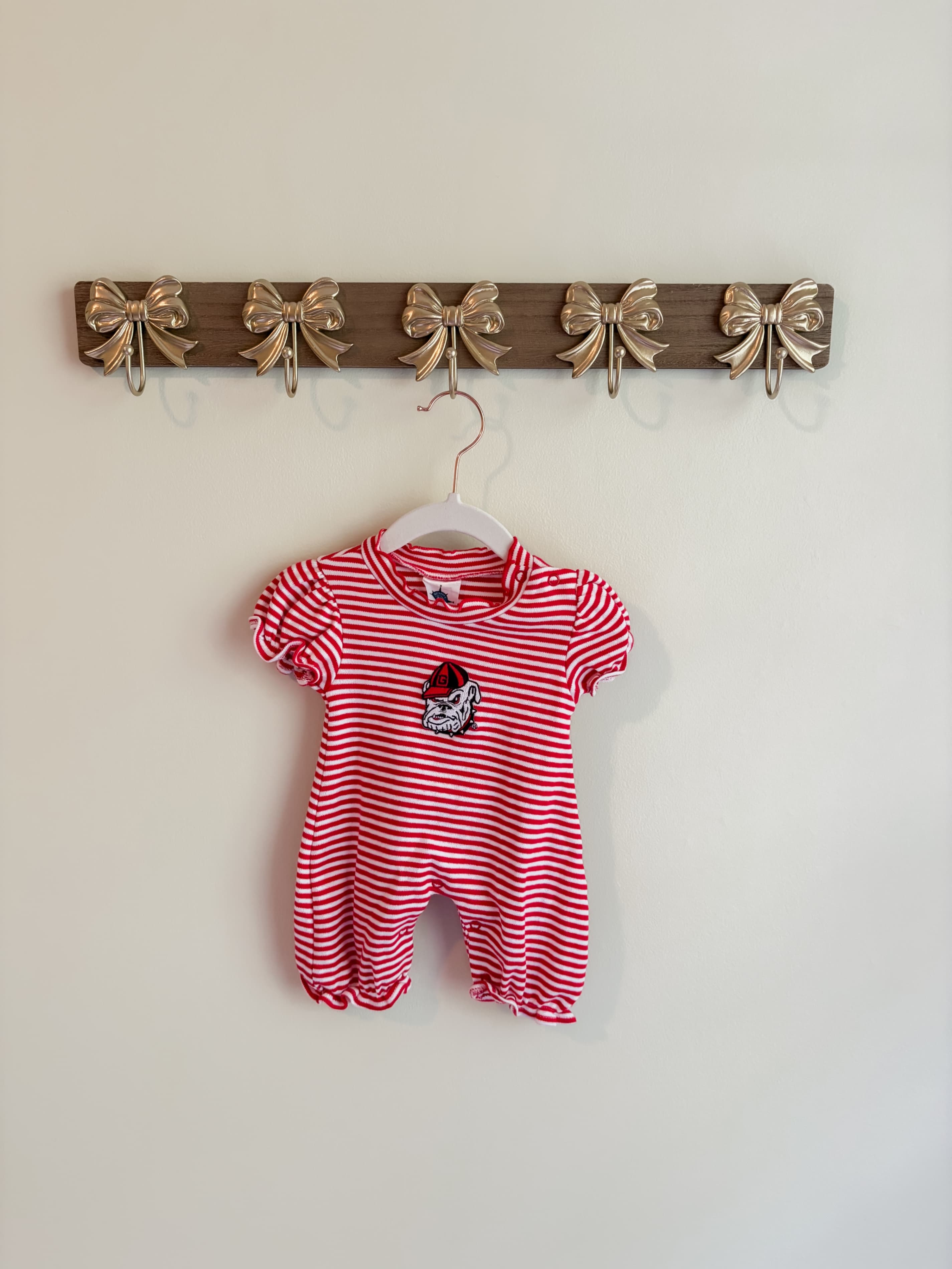 Georgia UGA size 0-3 months Red Striped Romper with Bulldog Embroidery