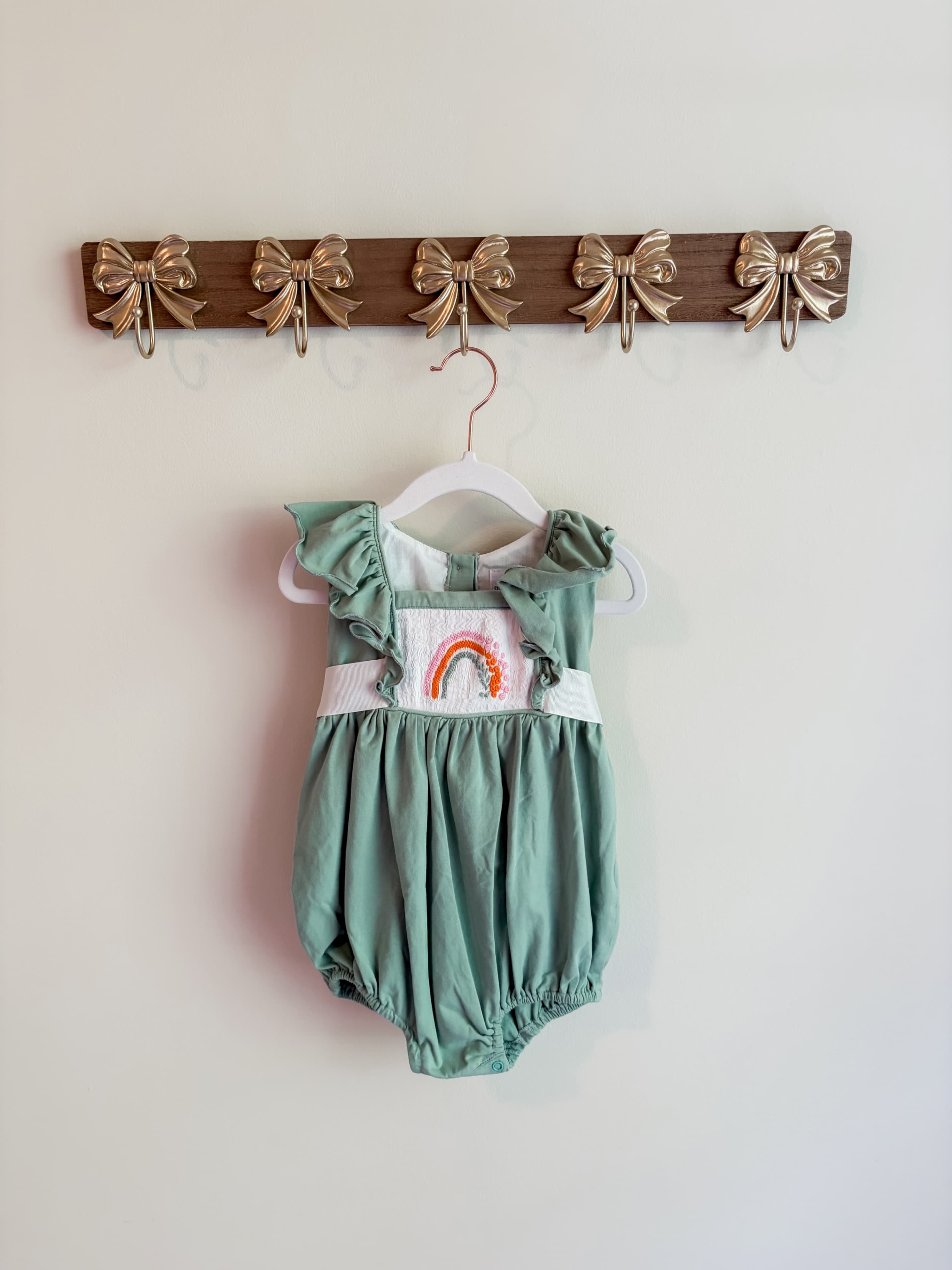 Sunshine & Reign size 2T Green Romper with Rainbow Embroidery and Ruffle Sleeves