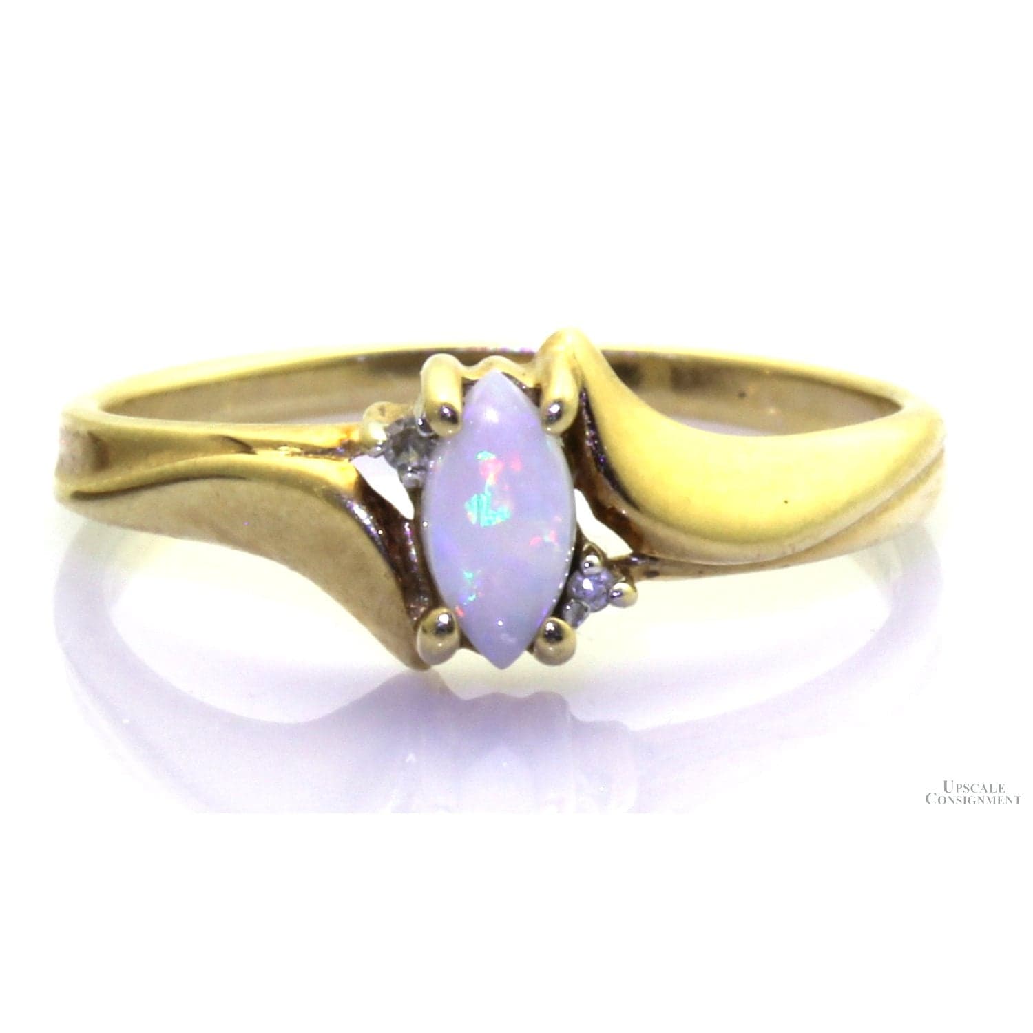 Natural Precious White Opal & Diamond 10K Gold Ring - Size 5.75