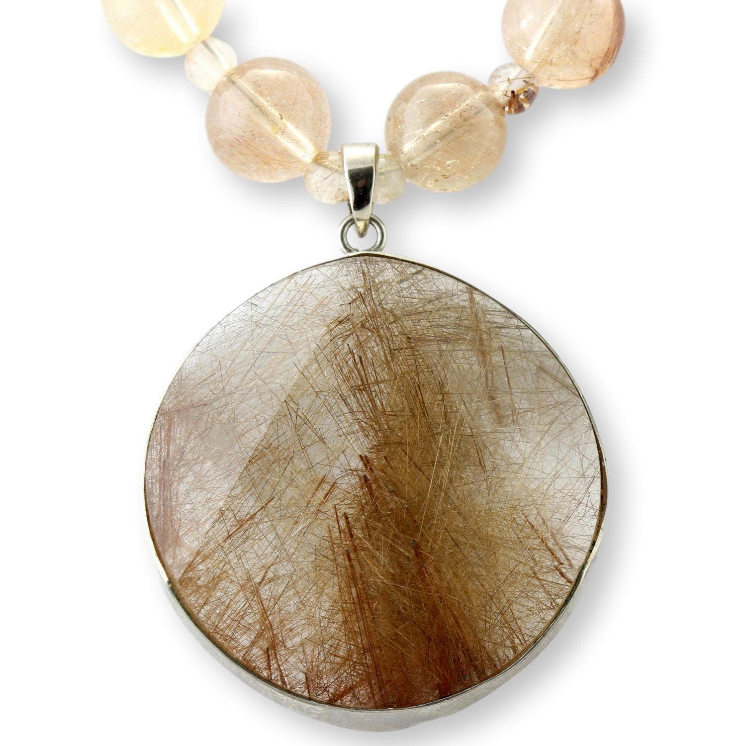 Natural Rutilated Quartz Beaded Necklace with Sterling Silver Rutilated Quartz Pendant - 17"-18"