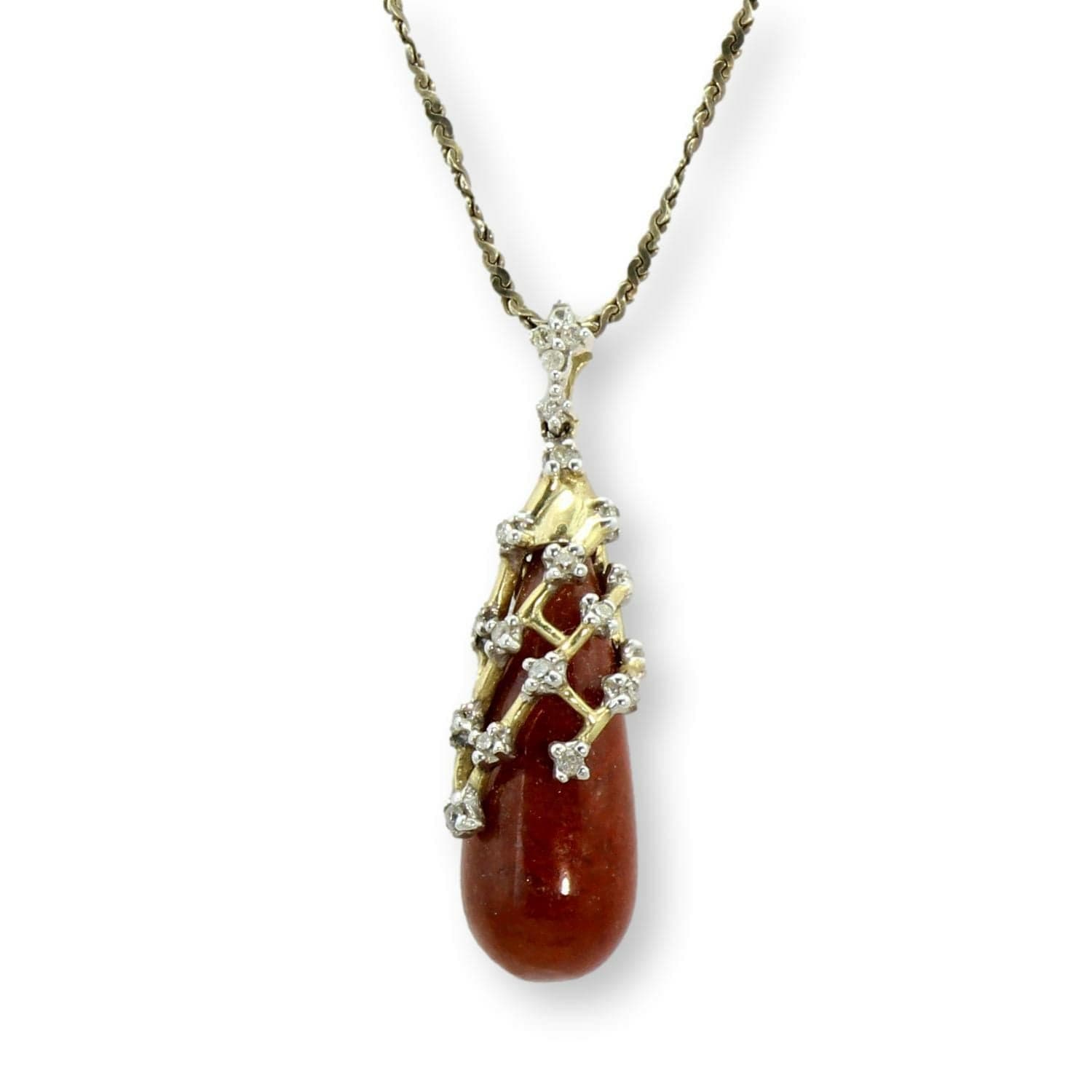 10K Gold Diamond-Accented Reddish-Orange Gemstone Pendant Necklace - 20 in