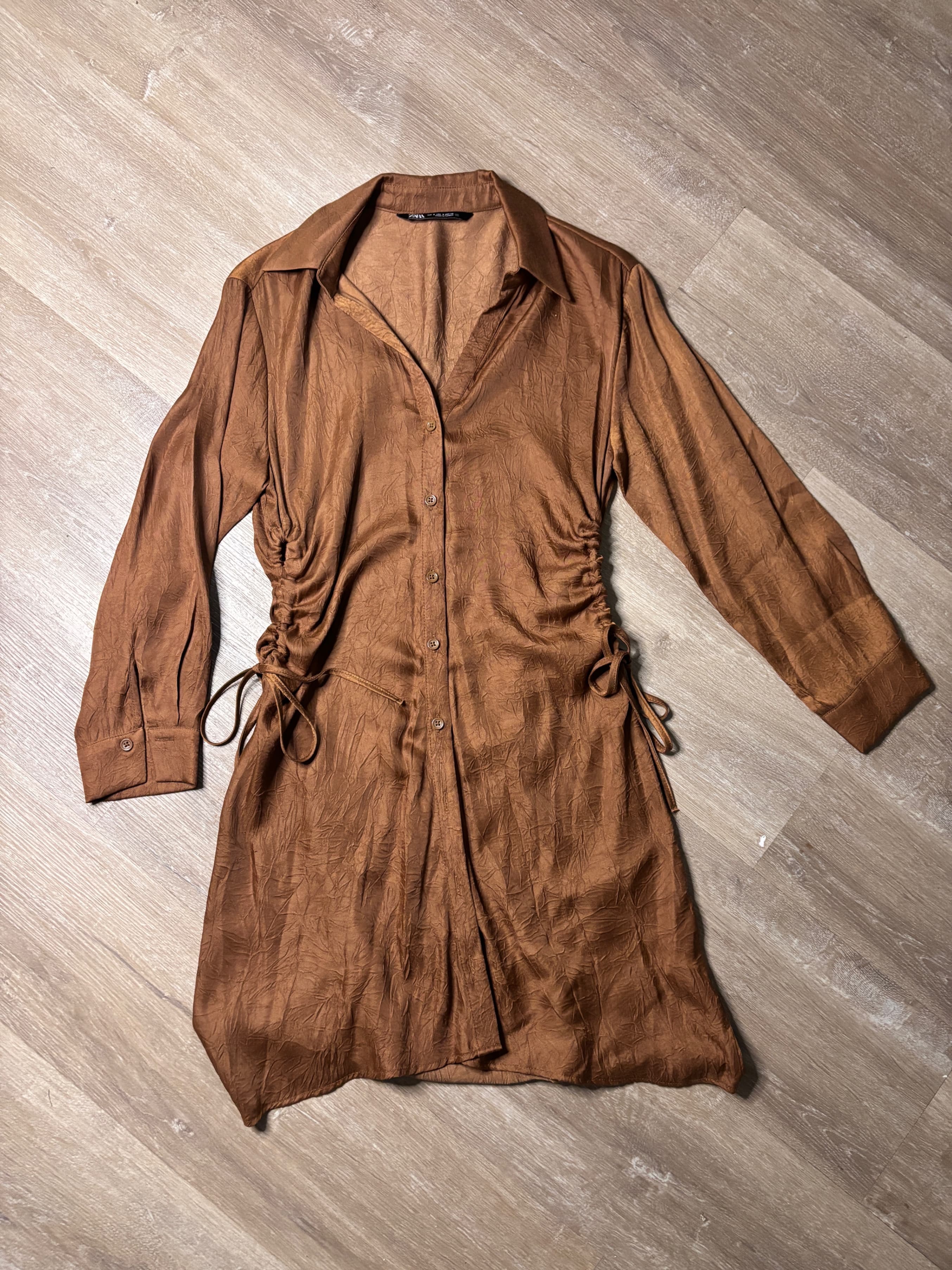 Zara Brown Ruched Shirt Dress Size S