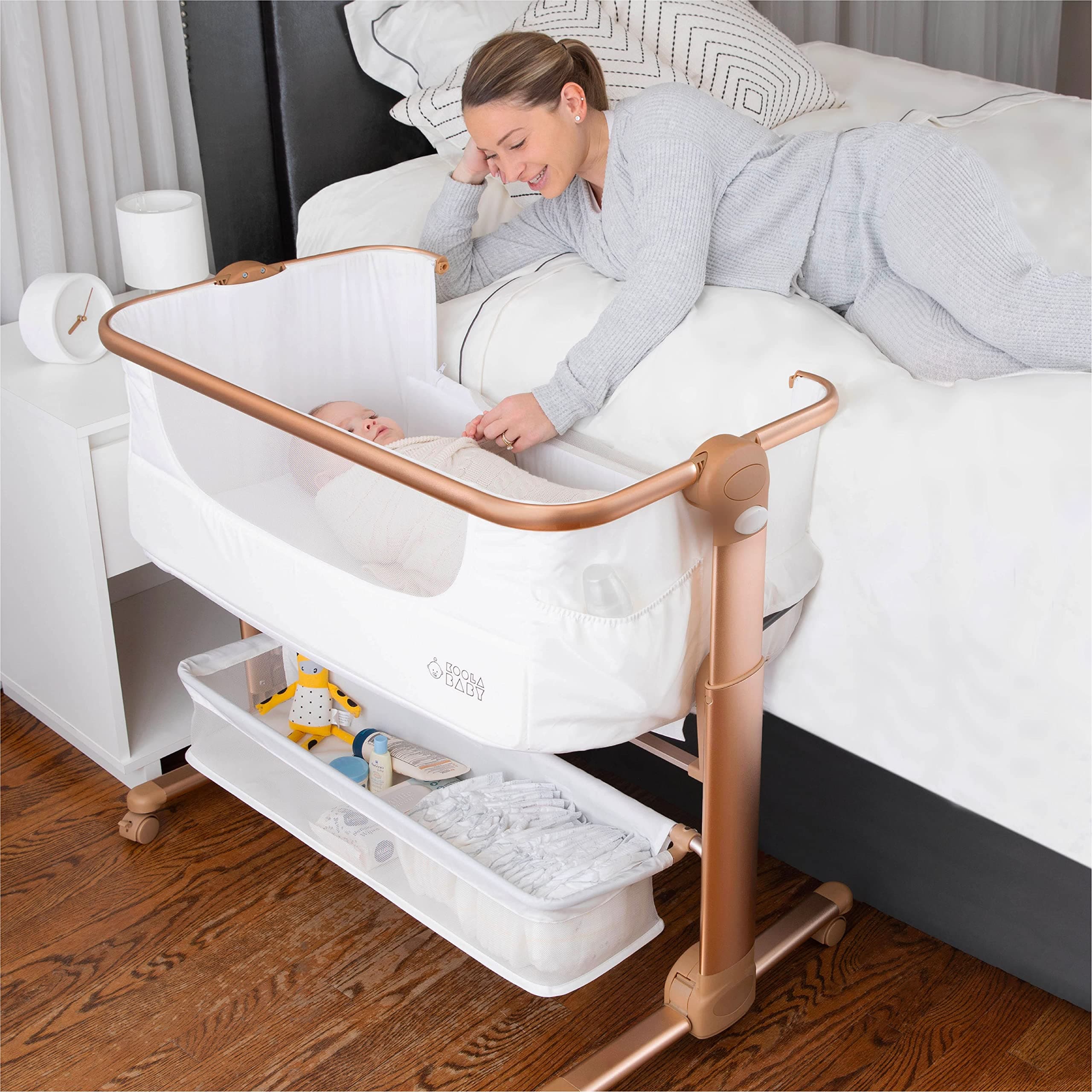 Koala Baby Bassinet with Mesh Fabric and Storage BasketKoolerThings Baby Bassinet, Bedside Sleeper for Baby, Easy Folding Portable Crib with Storage Basket for Newborn, Bedside Bassinet, Comfy Mattress/Travel Bag Included (Bassinet) (White & Gold)