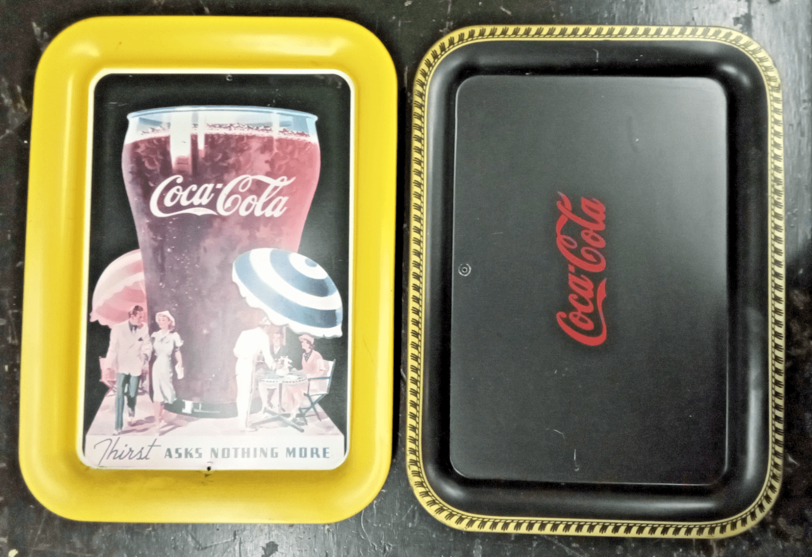set of 2 Coca Cola Metal Trays Thirst Asks Nothing More Yellow 1992 Vintage