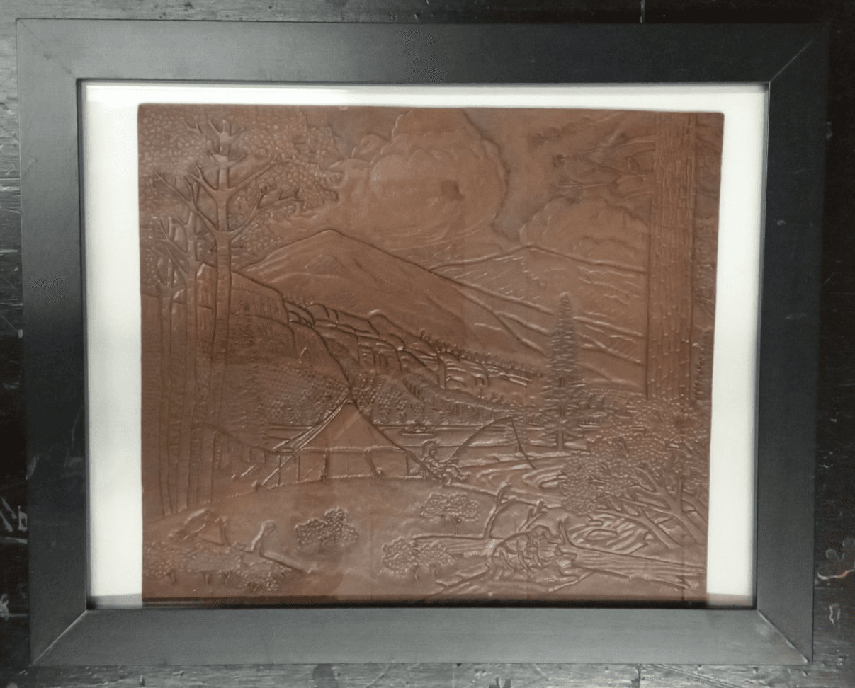 Vintage Handcarved Tooled Leather Pictorial Carving Unique Wall Art