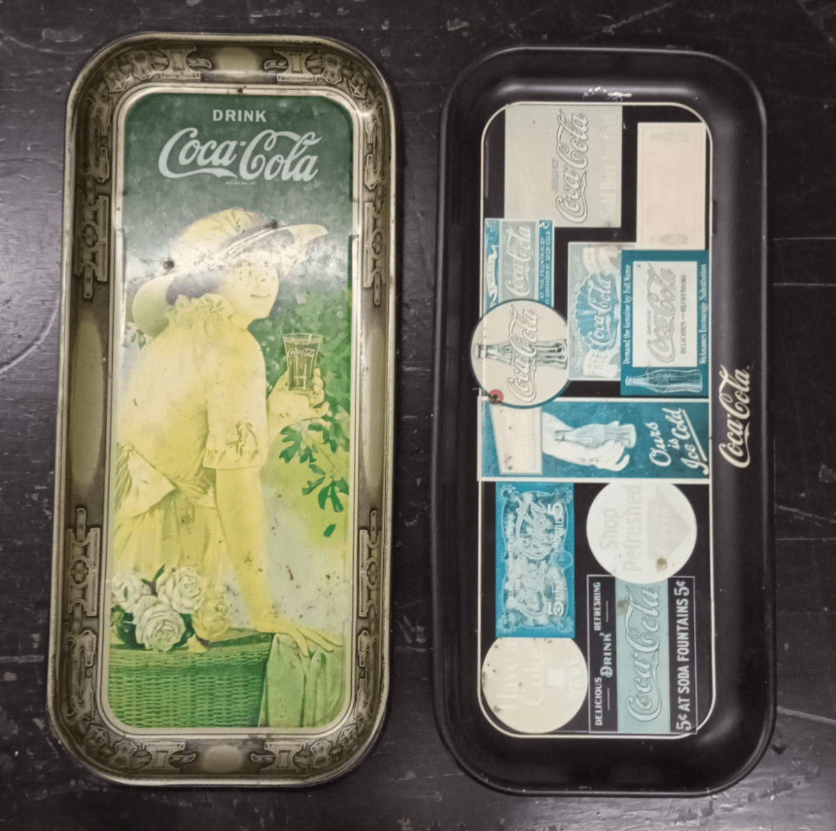 Coca Cola Metal Trays 1916 Printed in USA 1972 & 1995 Vintage Set Of 2