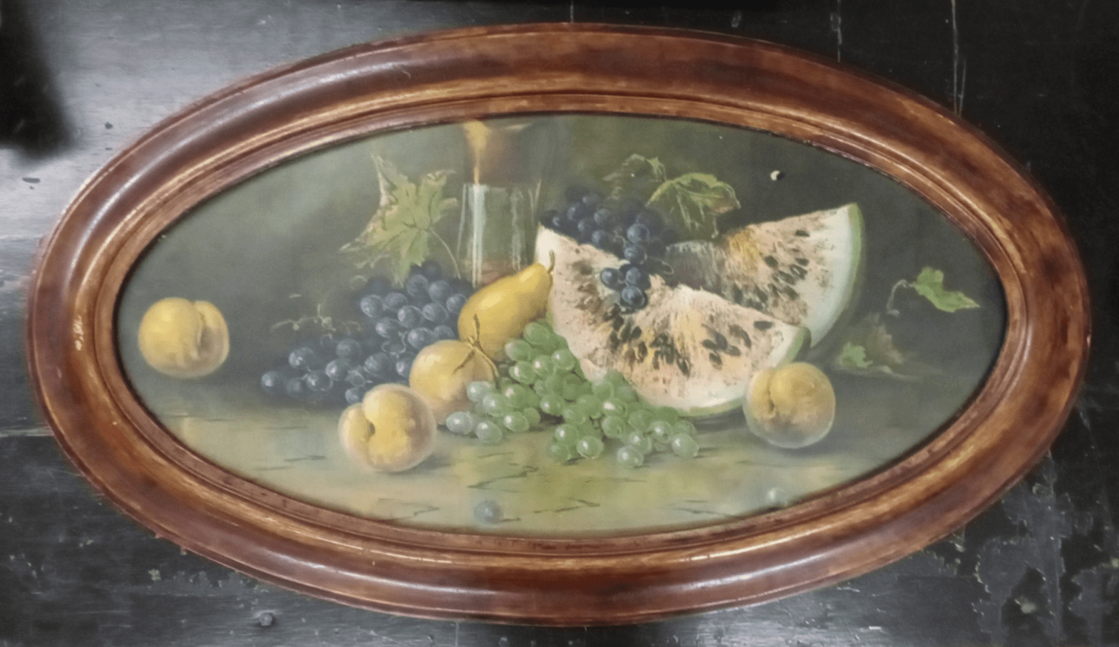 ANTIQUE OVAL Wood Frame 1920's Fruit Still Life Chromolithograph Print 1940s