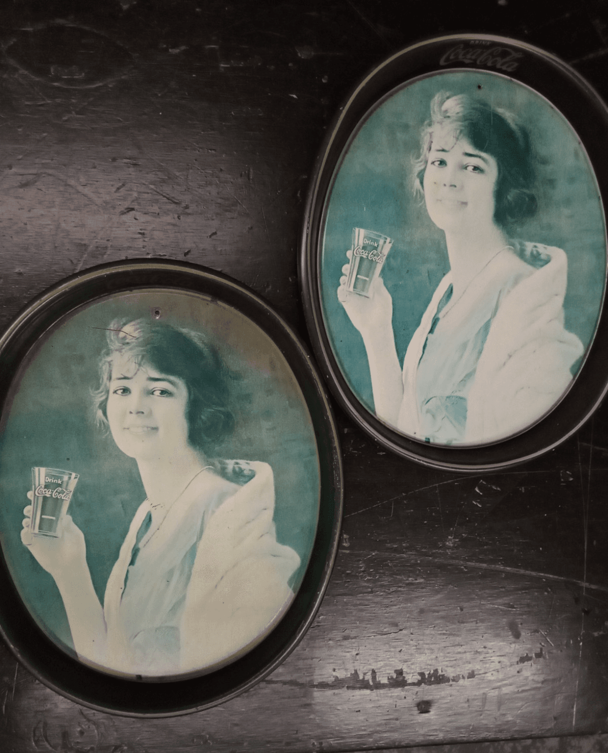 Set Of 2 Vtg 1973 Repro. of 1923 Coca Cola Flapper Girl Oval Metal Tray