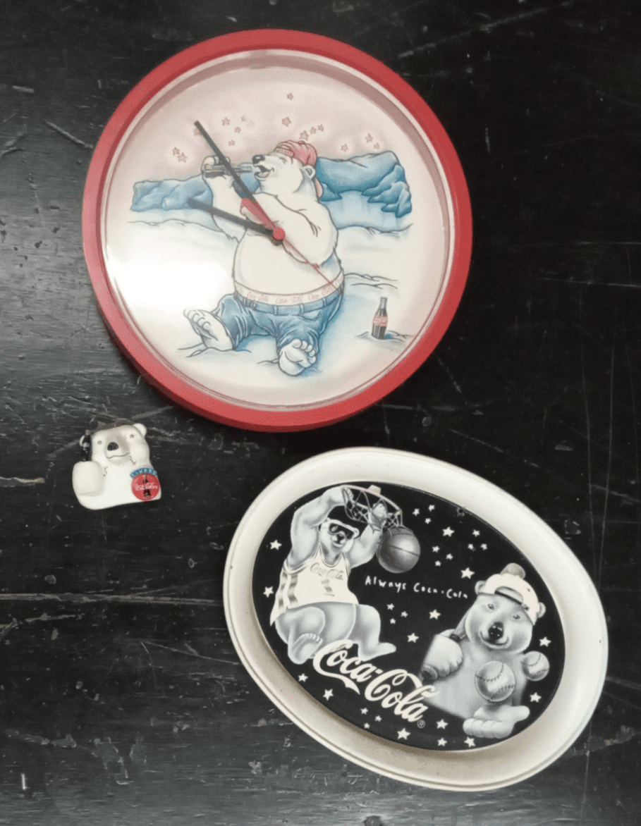 1996 Coca Cola Clock Polar Bear 10" Round, Polar Bear Coke Magnet, Metal Tray